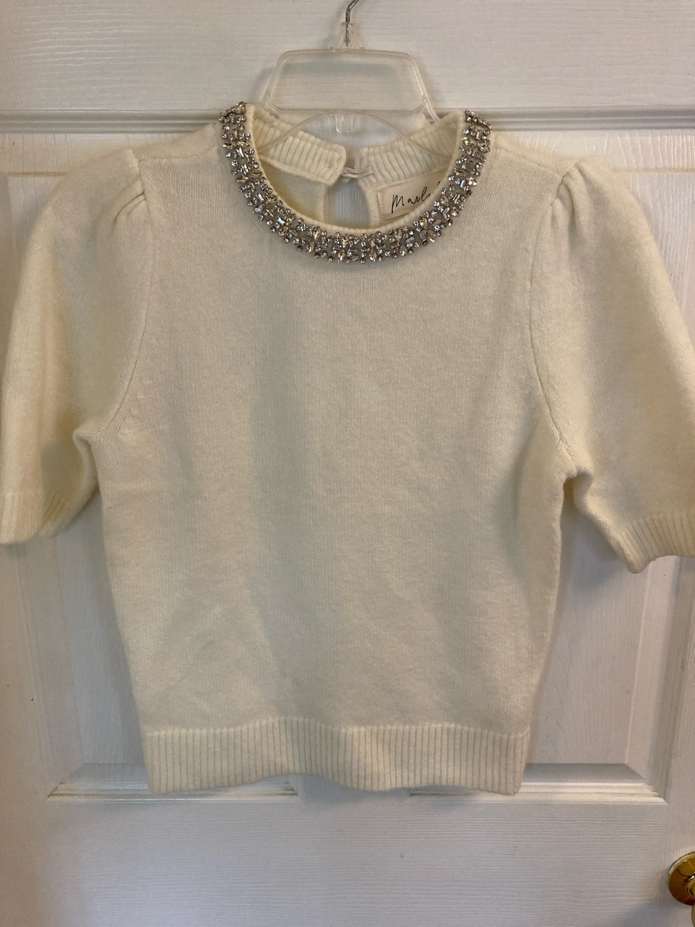 Marled Cream Jeweled Collar Short-Sleeve Sweater